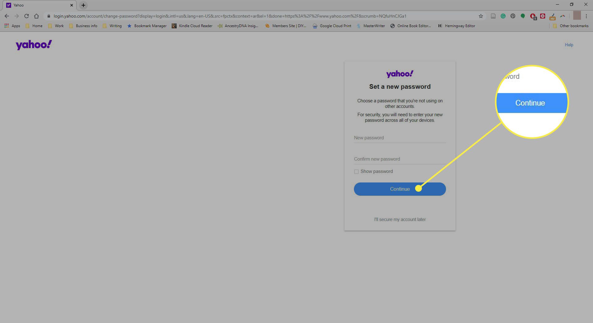 En skärmdump av Yahoo-lösenordsåterställningsskärmen med knappen Fortsätt markerad