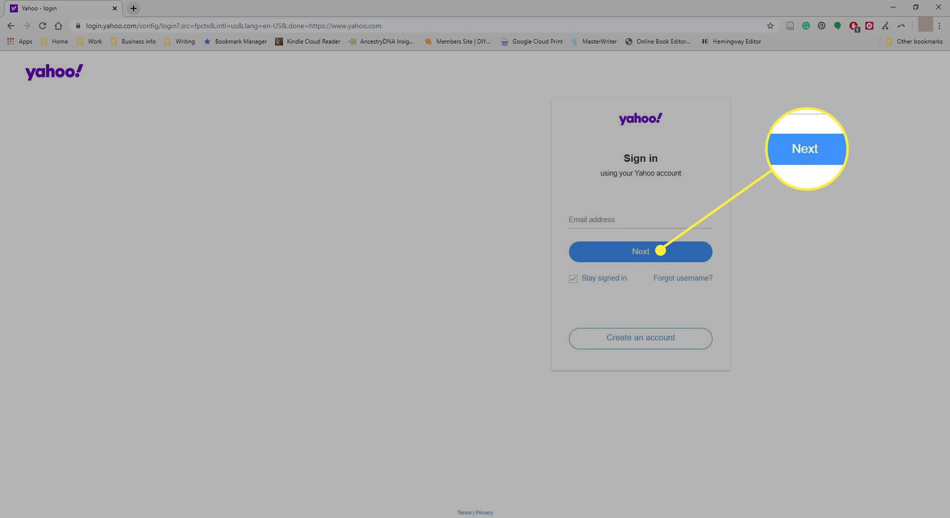 En skärmdump av Yahoo-inloggningssidan med knappen Nästa markerad