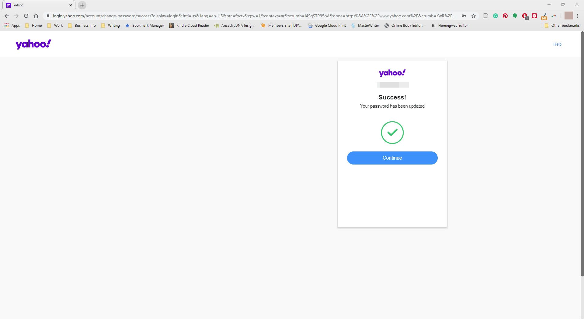 Ett lyckat meddelande om lösenordsändring på Yahoo!  hemsida.
