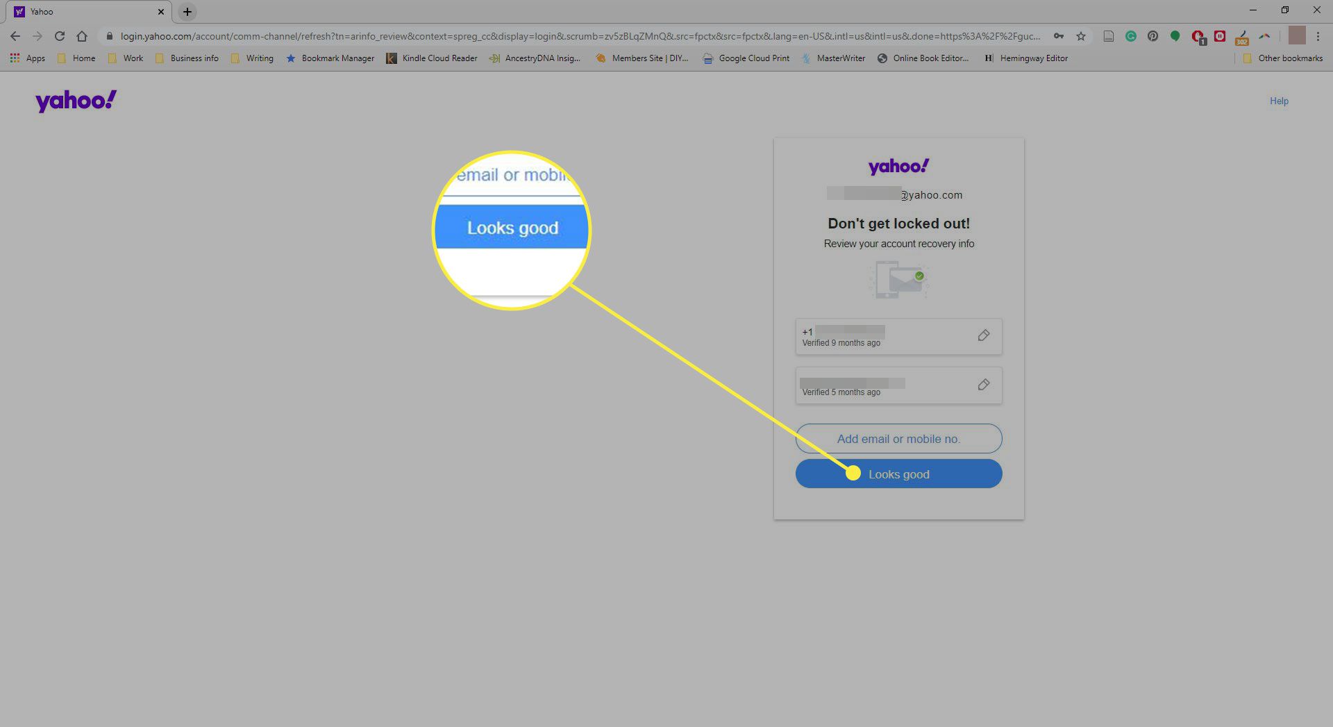 En skärmdump av Yahoo -återställningssidan med knappen "Ser bra ut" markerad