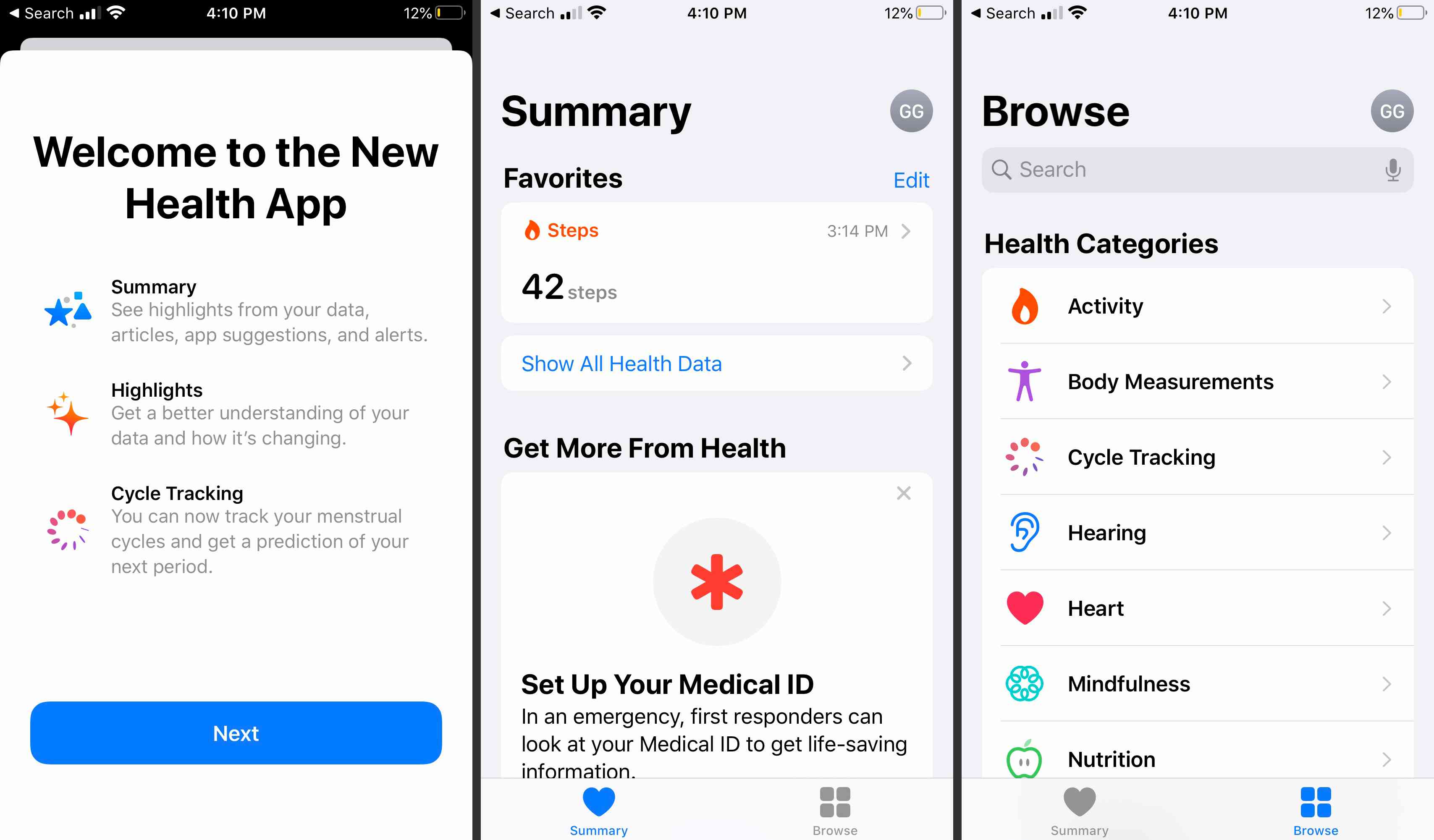 Apple Health App -skärmar