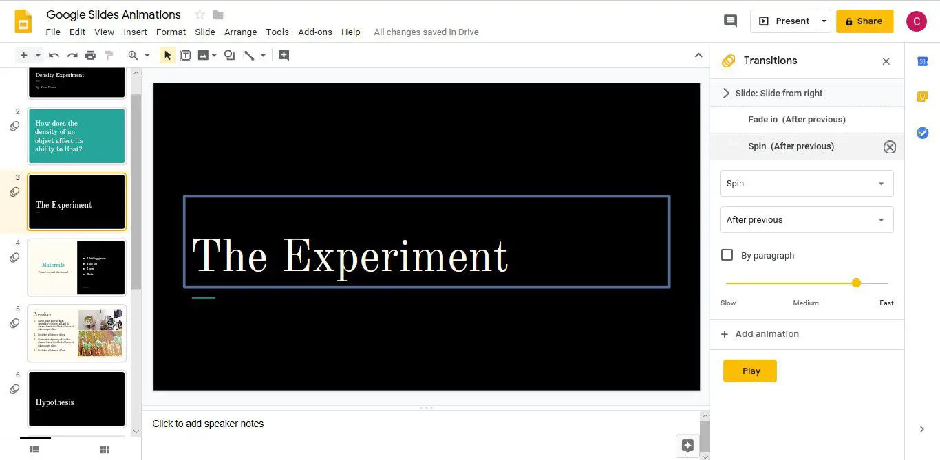 En skärmdump som visar hur du tar bort en Google Slides -animation