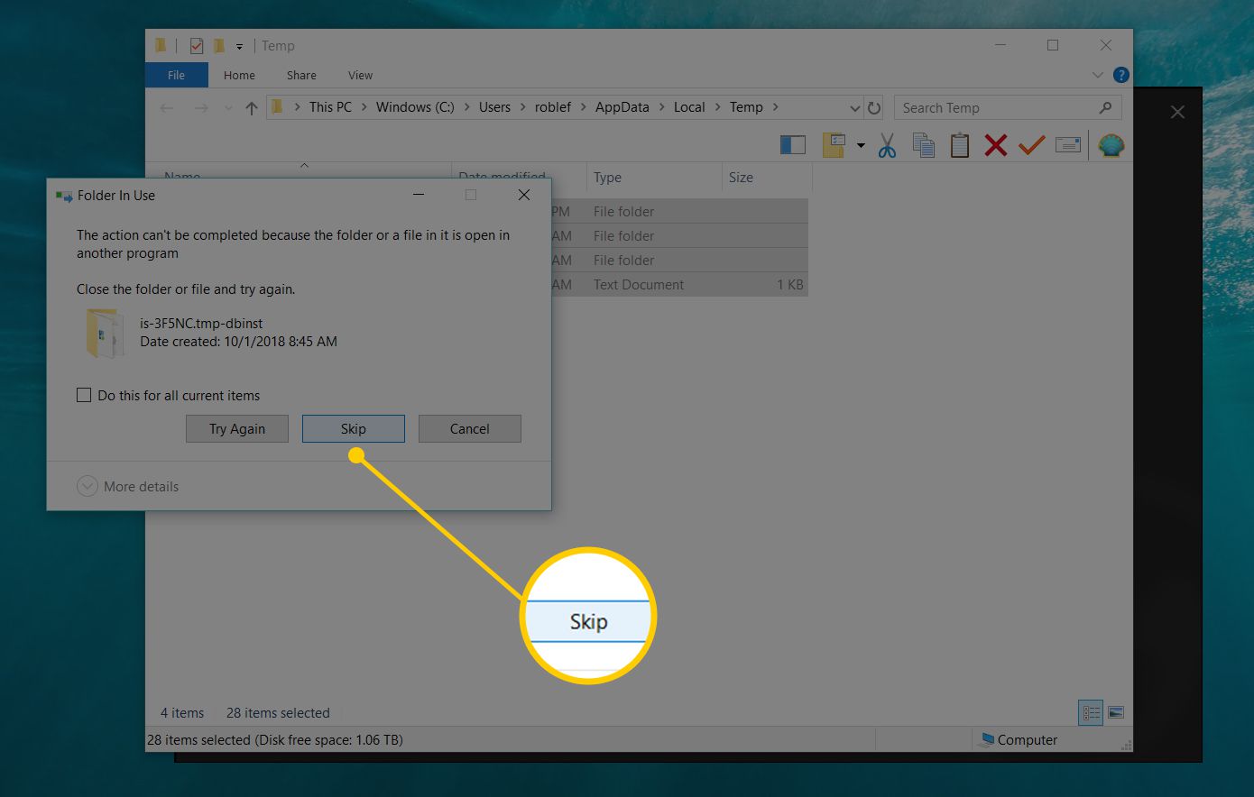 Skärmdump som visar knappen Hoppa över när du tar bort Temp -filer i Windows 10