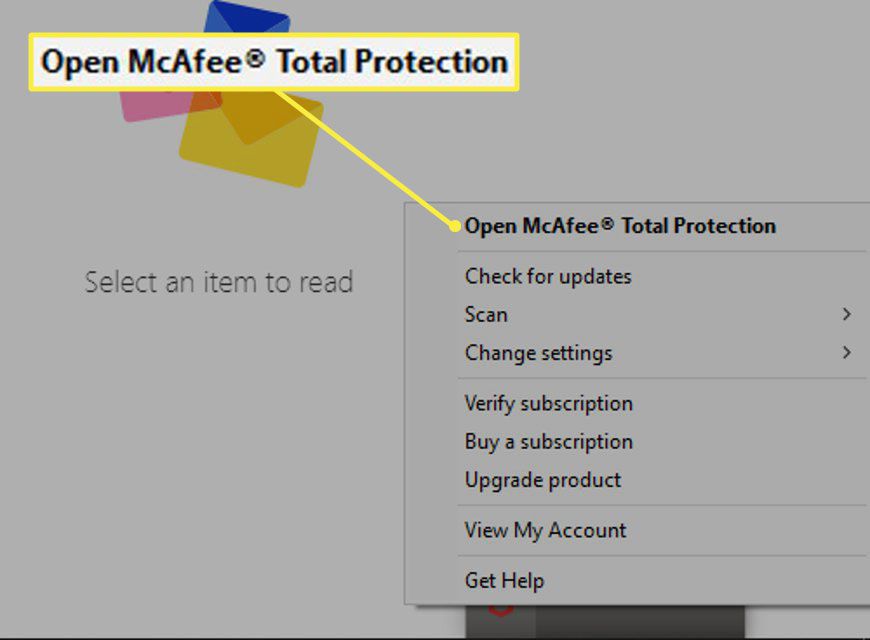 Aktivitetsfältmenyn för McAfee Total Protection i Windows 10