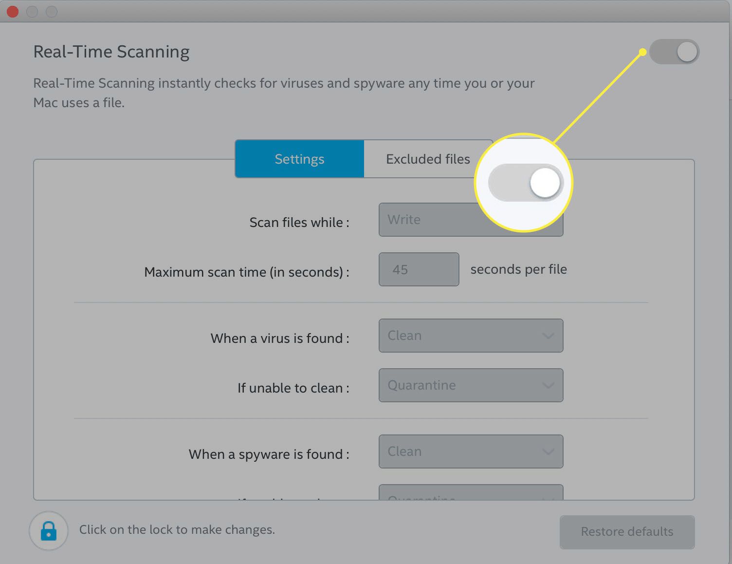 McAfee Total Protection Real-Time Scanning-inställningar på macOS