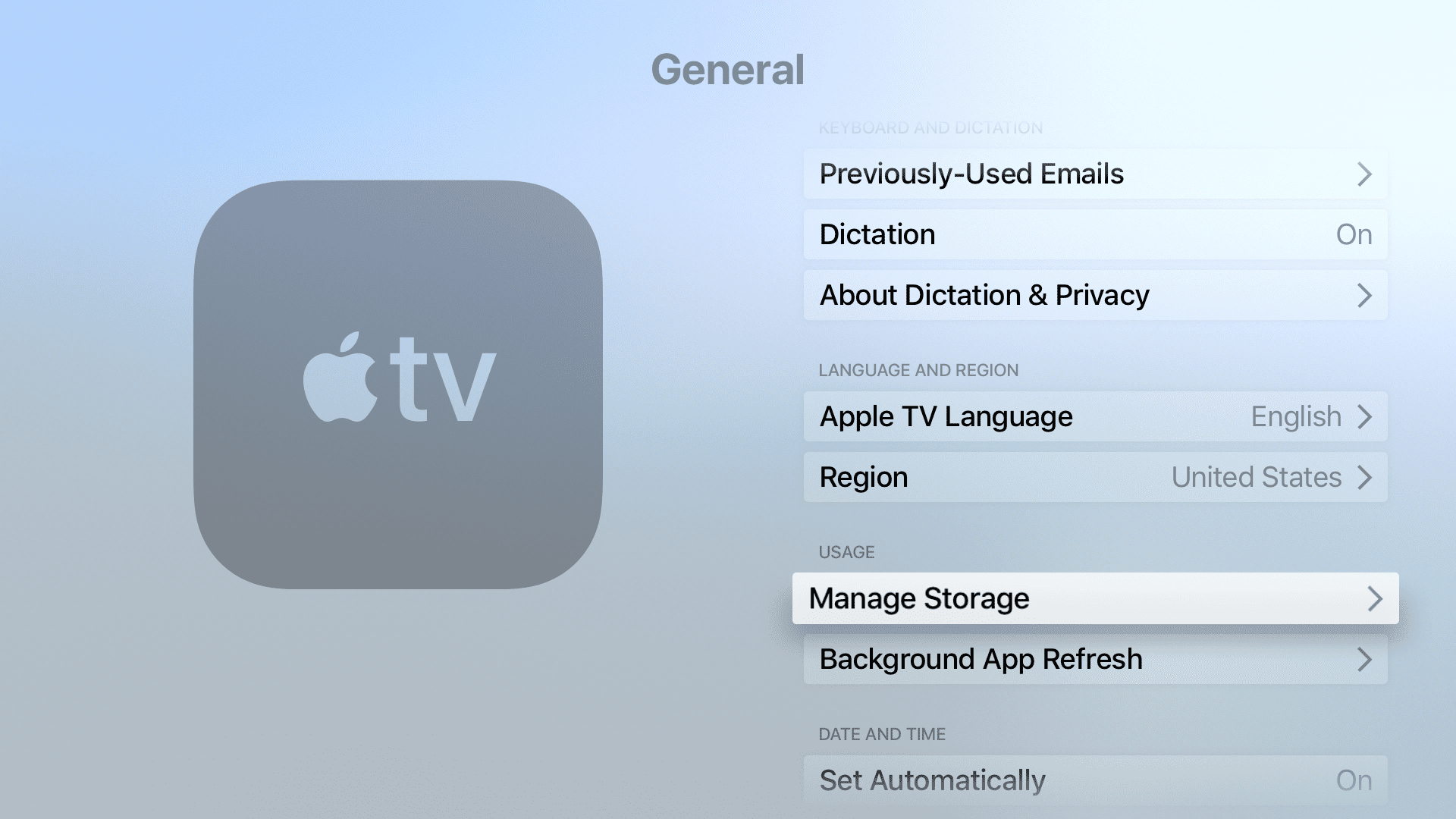 Hantera lagring i appen Apple TV Settings