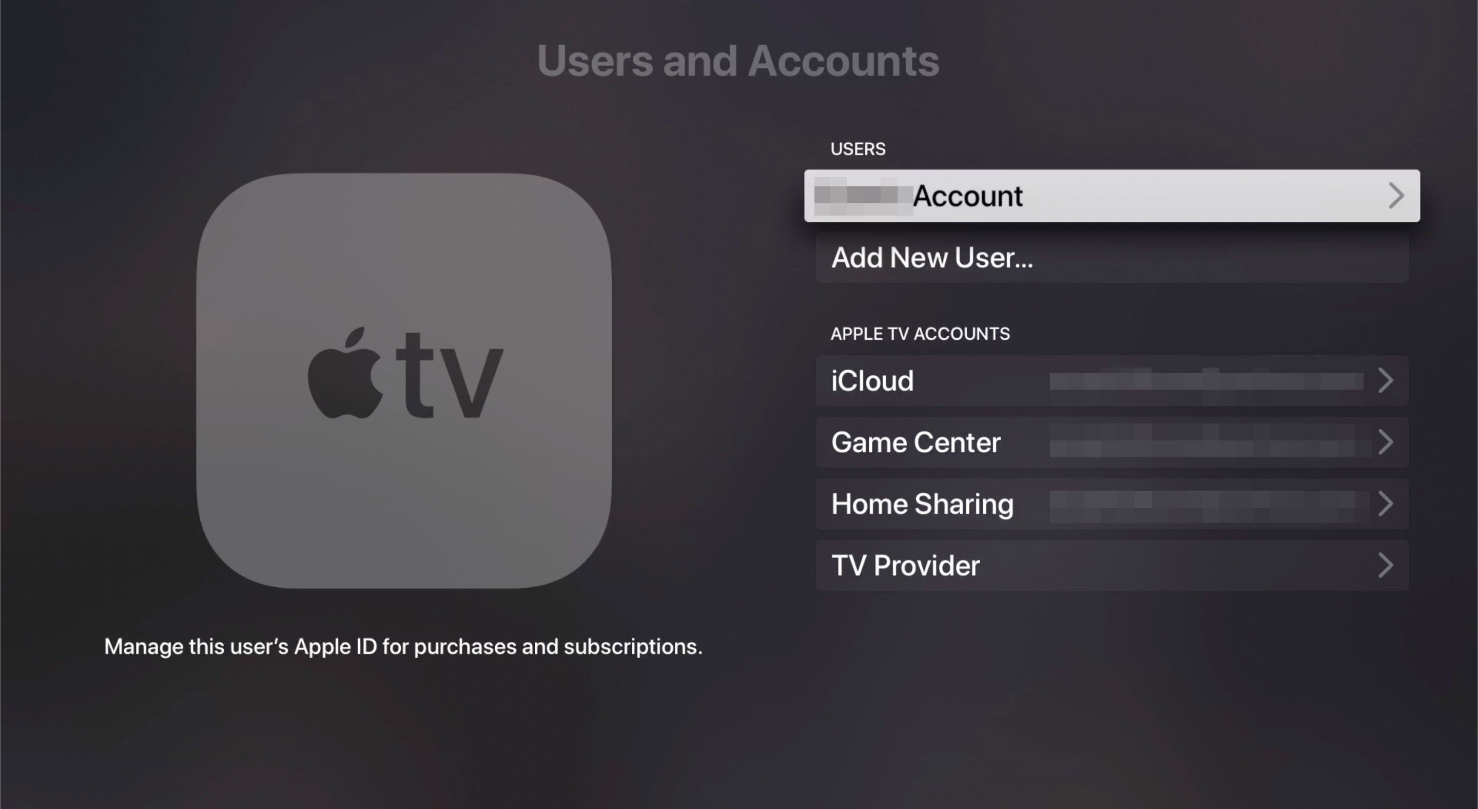 Användare och konton i Apple TV -inställningar.
