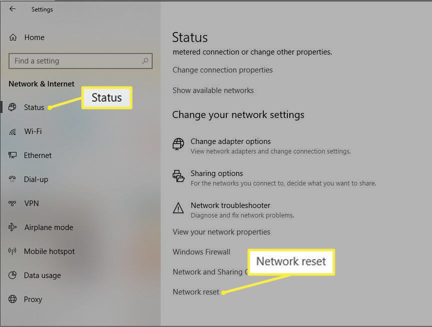 Nätverks- och internetstatusinställningar i Windows 10