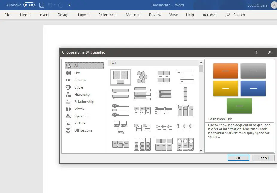 en skärmdump av SmartArt Graphic -gränssnittet i Word för Windows