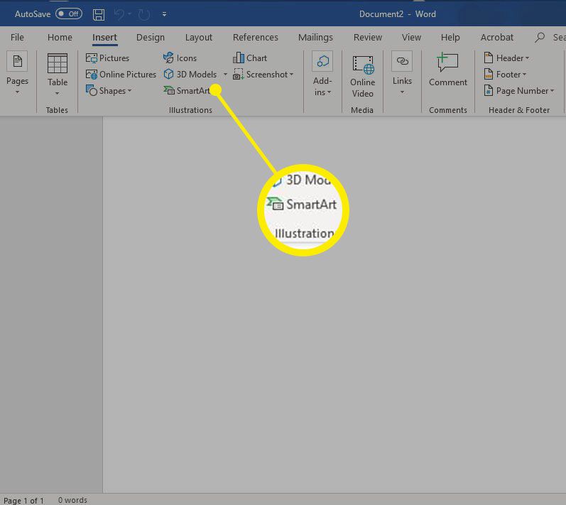 en skärmdump av Infoga menyfliksområdet i Word för Windows