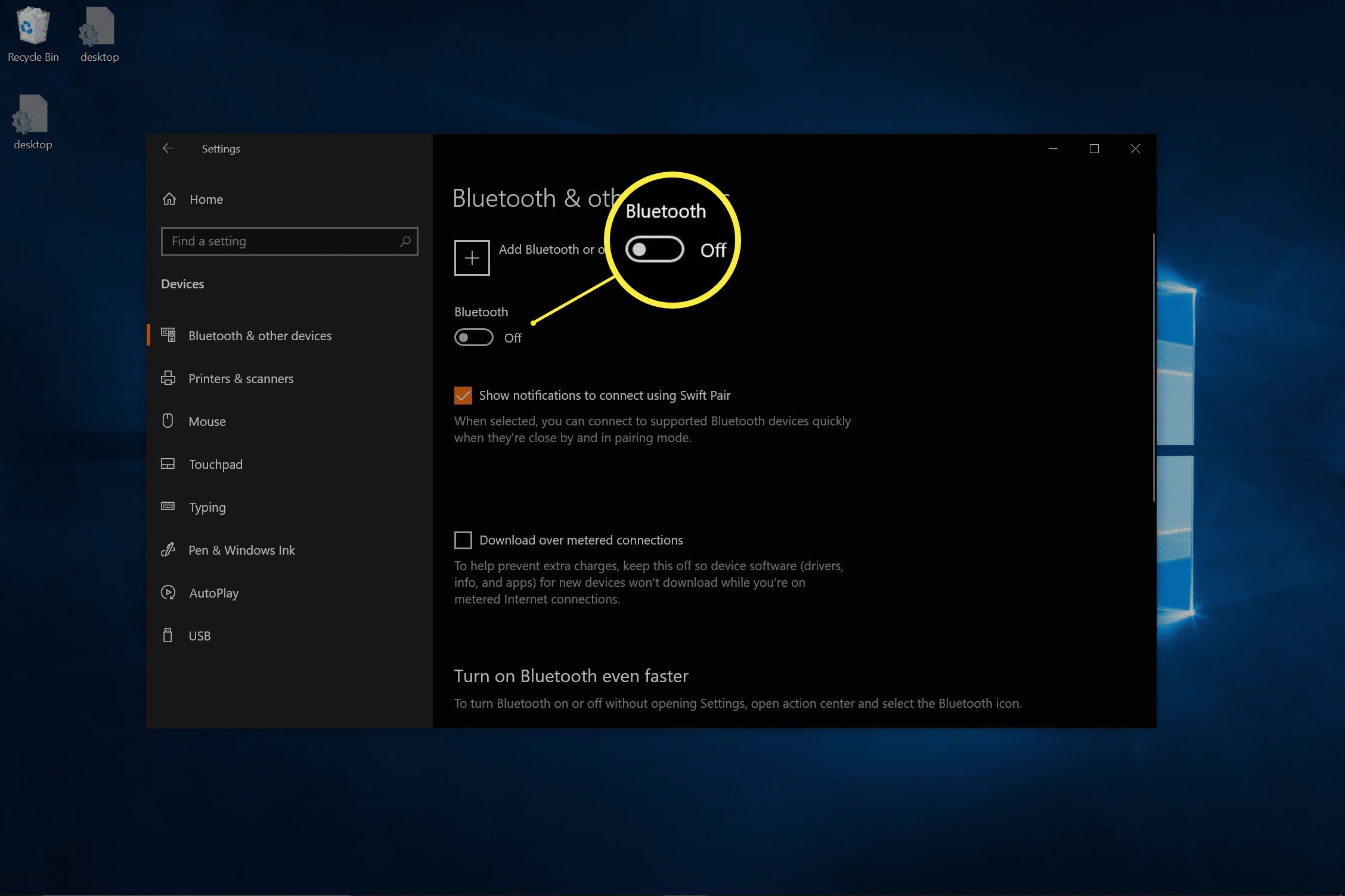 En skärmdump av Windows Bluetooth -inställningar med Bluetooth avstängd.
