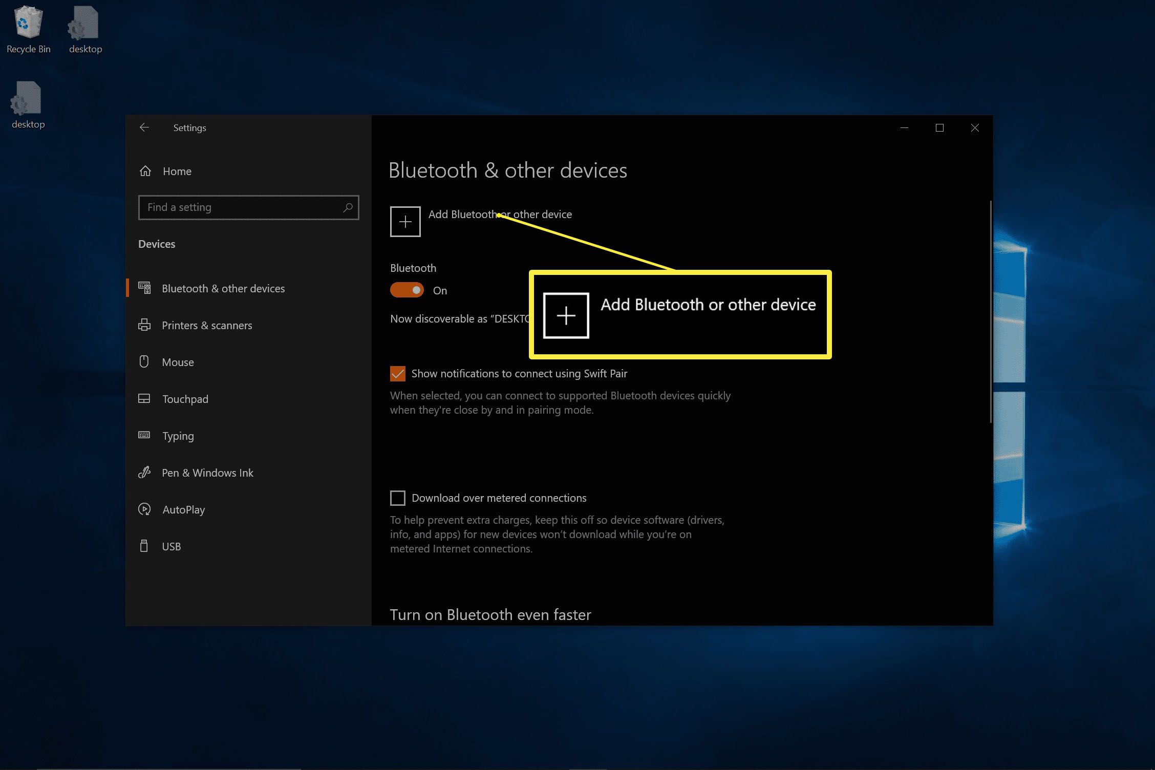 Bluetooth -inställningar i Windows med Bluetooth på.