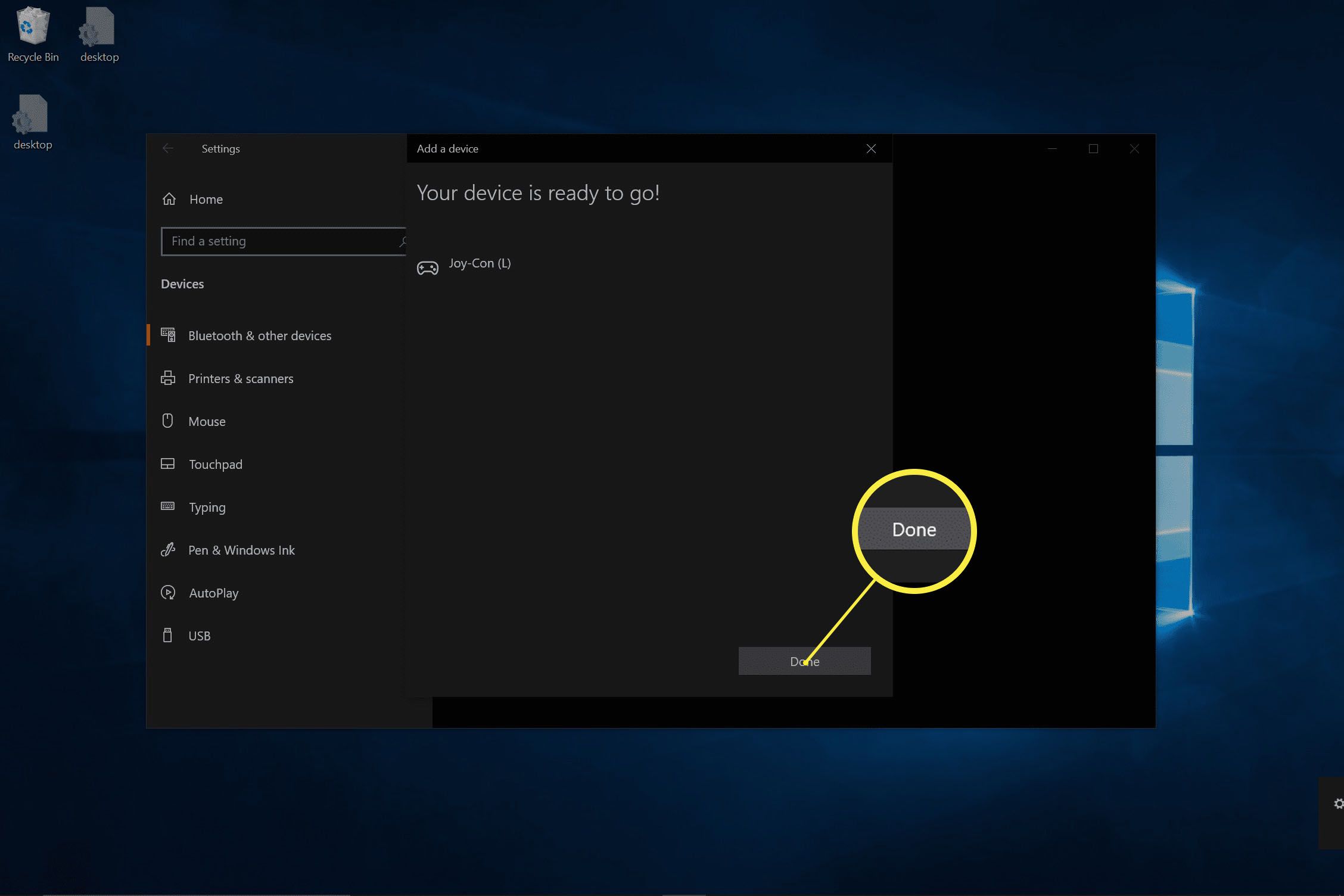 En skärmdump av en lyckat ihopkopplad Joy-Con i Windows.