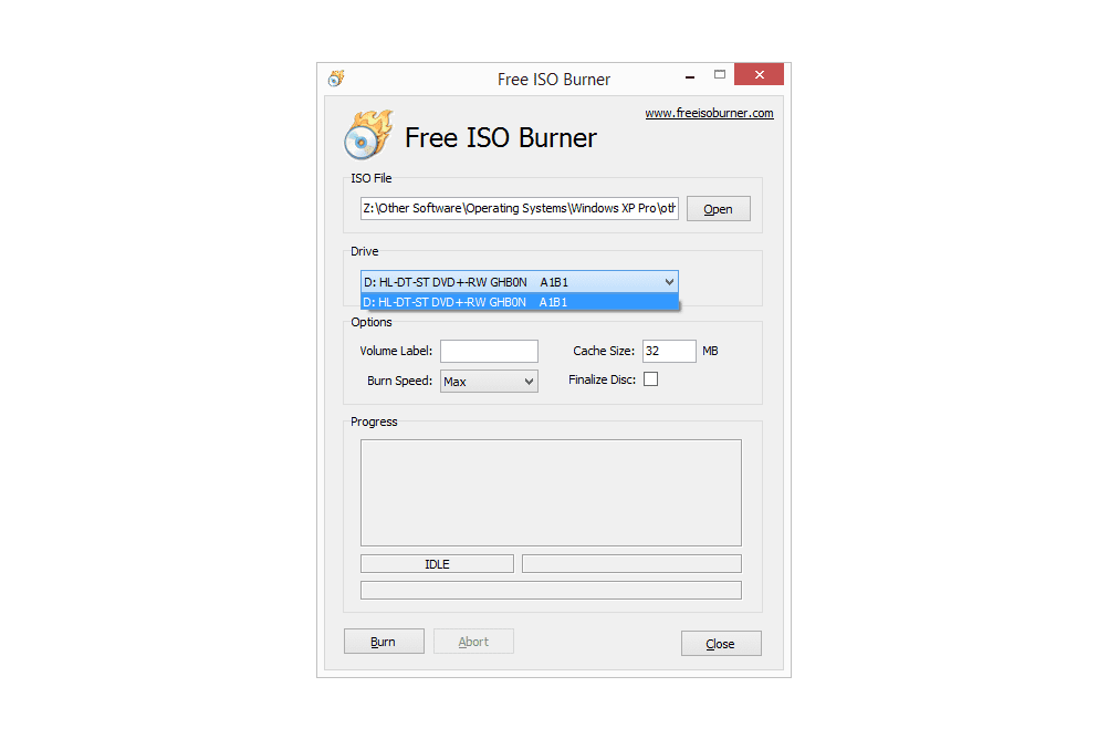Skärmdump som visar en skivenhet i Free ISO Burner