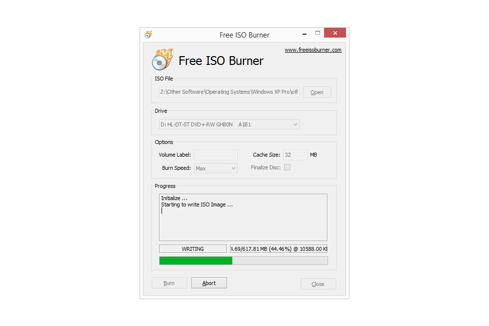 Skärmdump av Free ISO Burner som skapar en ny skiva