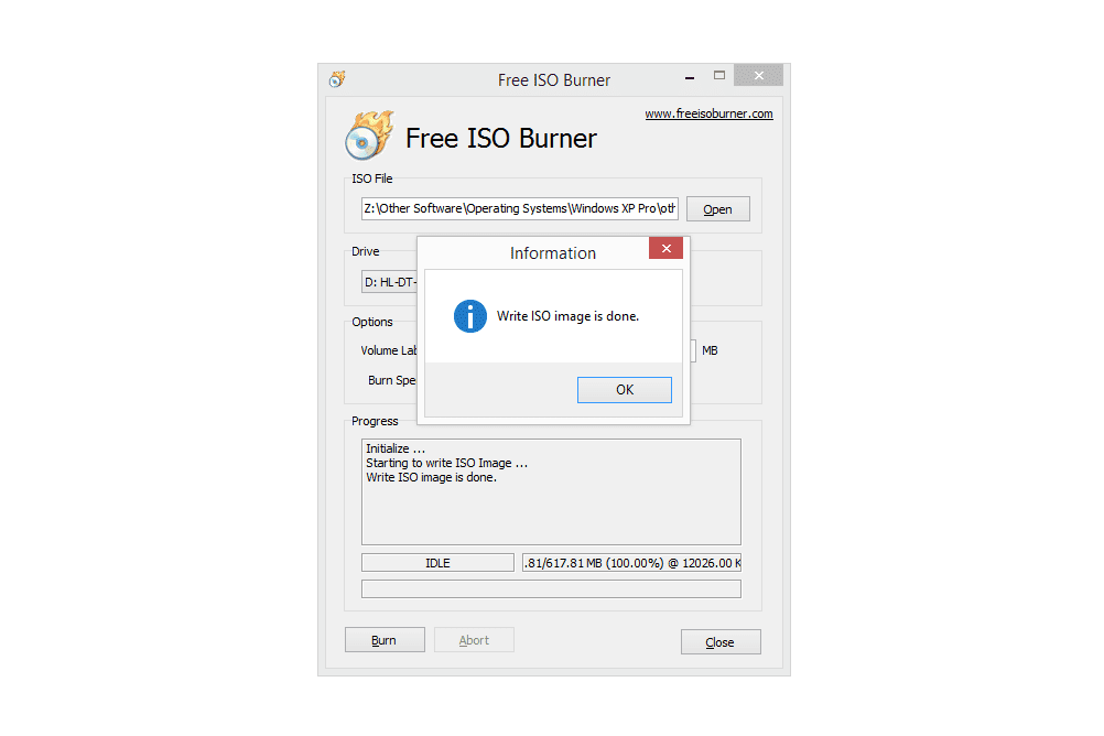 Skärmdump som visar en lyckad skivskrivning i Free ISO Burner