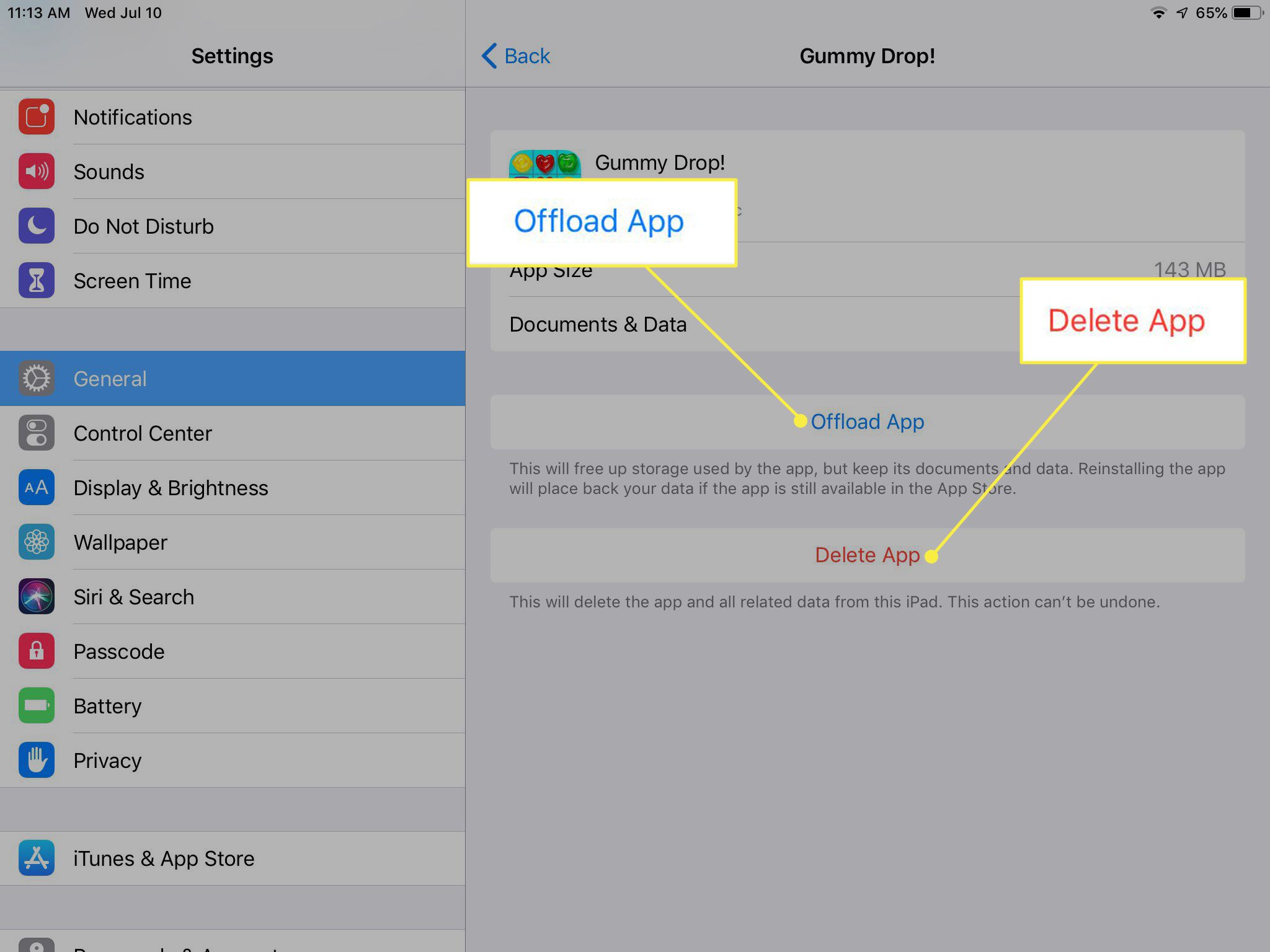 En skärmdump av en app i iPad Storage med alternativet Offload App och Delete App markerat