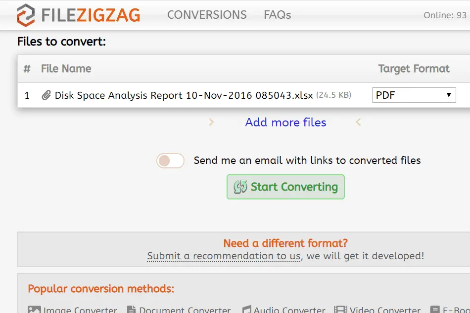 FileZigZags webbplats redo att konvertera XLSX till PDF online
