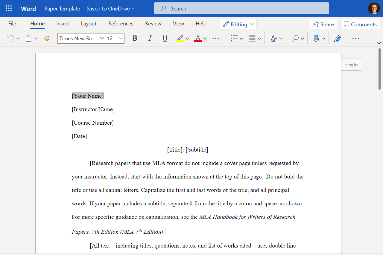 Skärmdump av ett dokument som är öppet i gratisversionen av Microsoft Word