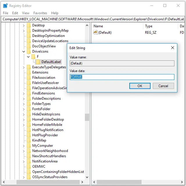 volymetikettalternativ i Windows -registret i Windows 10