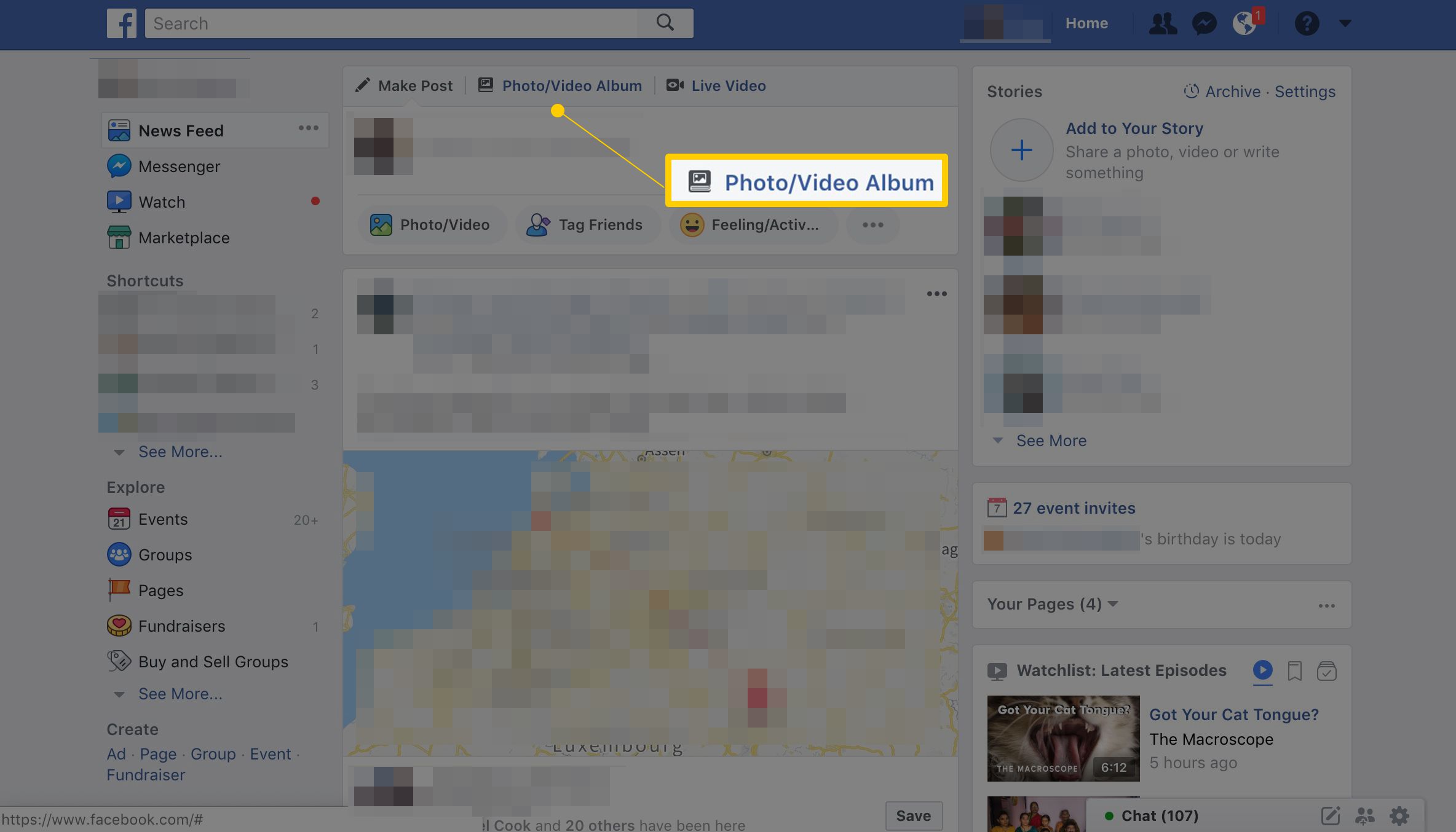 Foto-/videoalbumknapp på Facebooks huvudsida, en del av processen för att ladda upp flera foton till Facebook