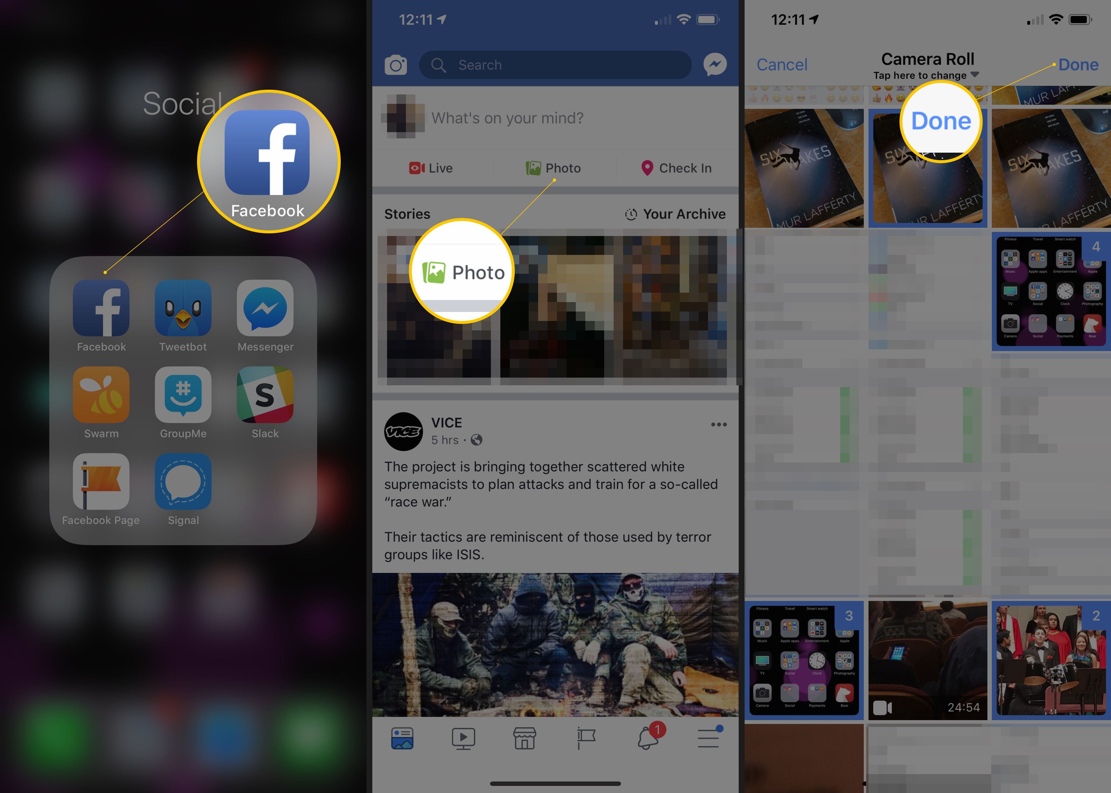Tre iOS -skärmar som visar Facebook -ikonen, fotoknappen och knappen Klar, en del av processen för att ladda upp flera foton på Facebook