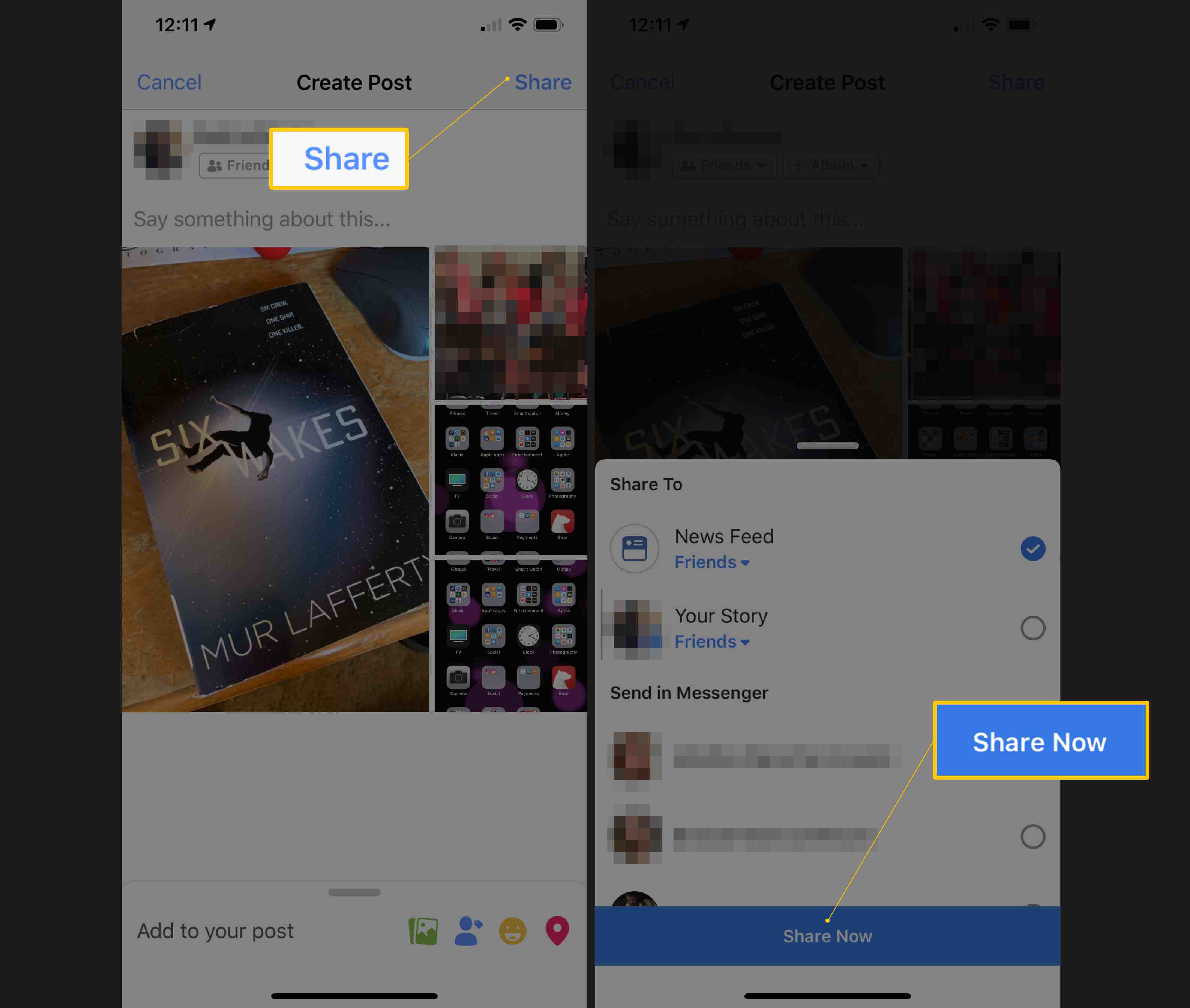 Två iOS -skärmar som visar knapparna Dela och dela nu, en del av processen för att ladda upp flera foton till Facebook
