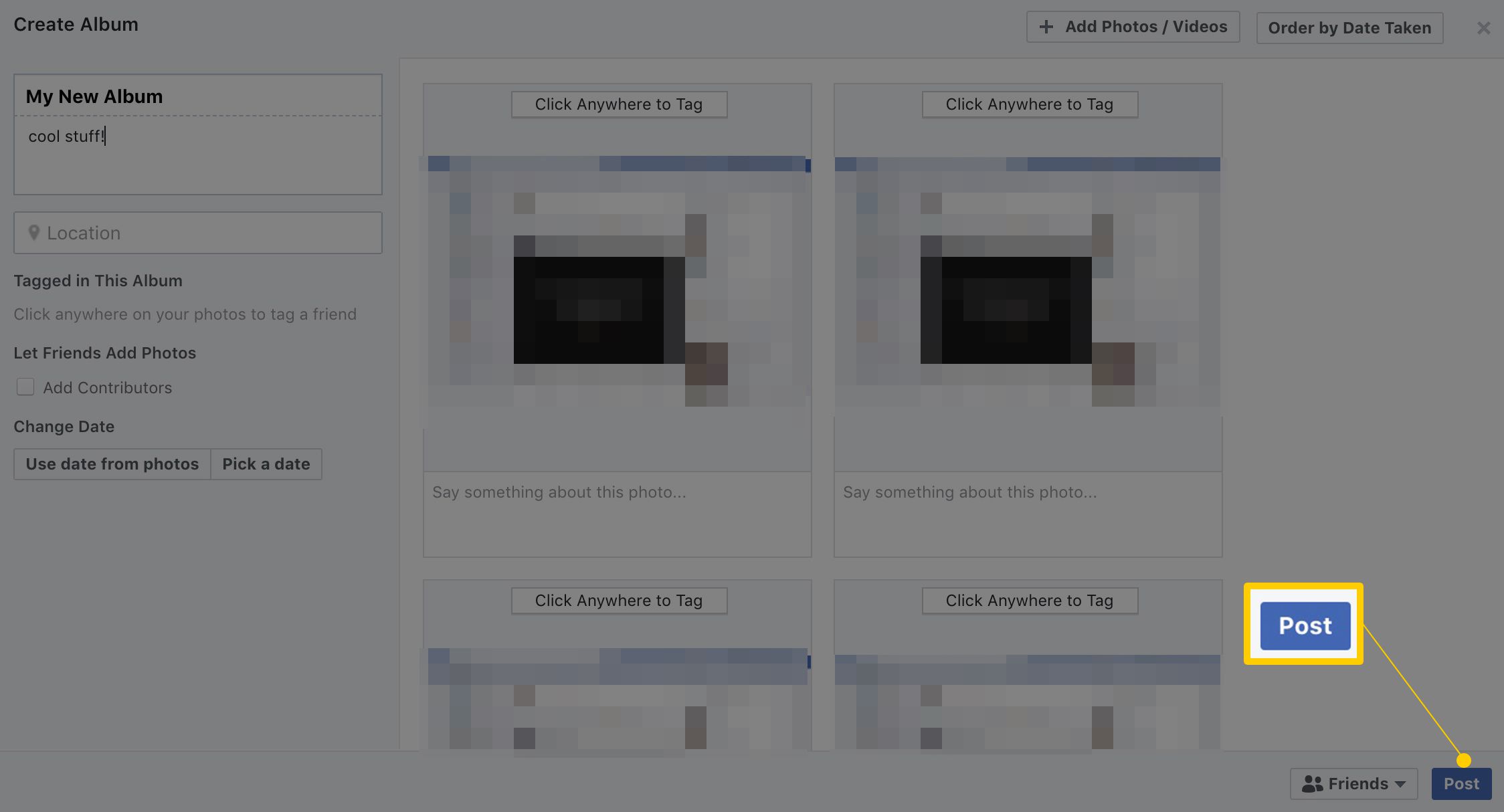 Lägg upp knapp på Facebook Skapa album sida, en del av processen för att ladda upp flera foton till Facebook