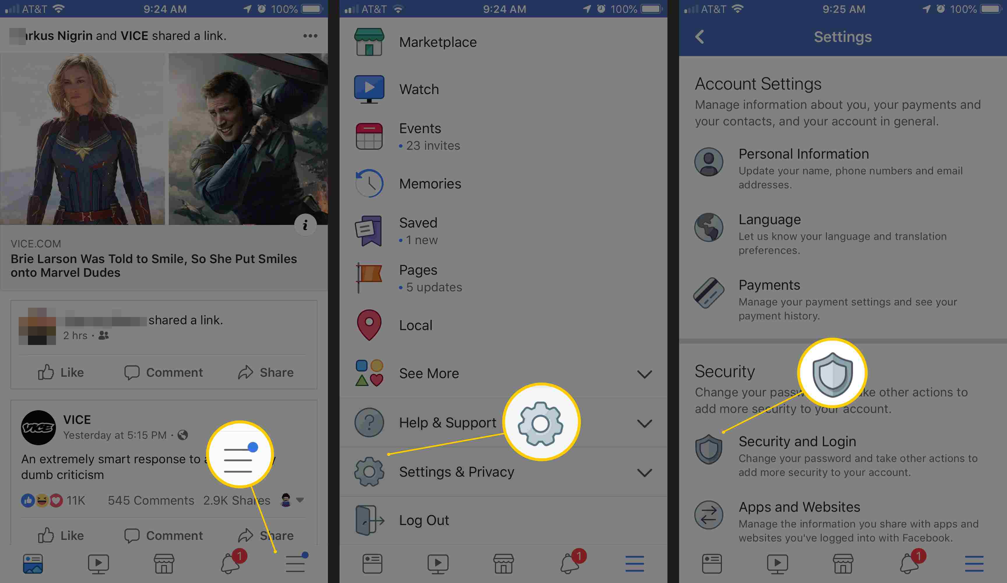Tre iOS -skärmar som visar Facebook -appen, Inställningar och sekretess samt Säkerhet och inloggning