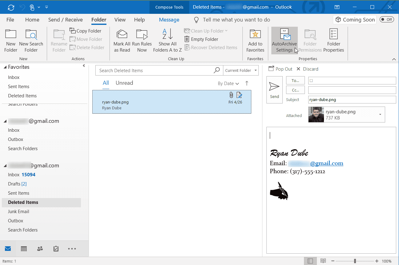 Skärmdump av AutoArchive -inställningar i Outlook -bandet