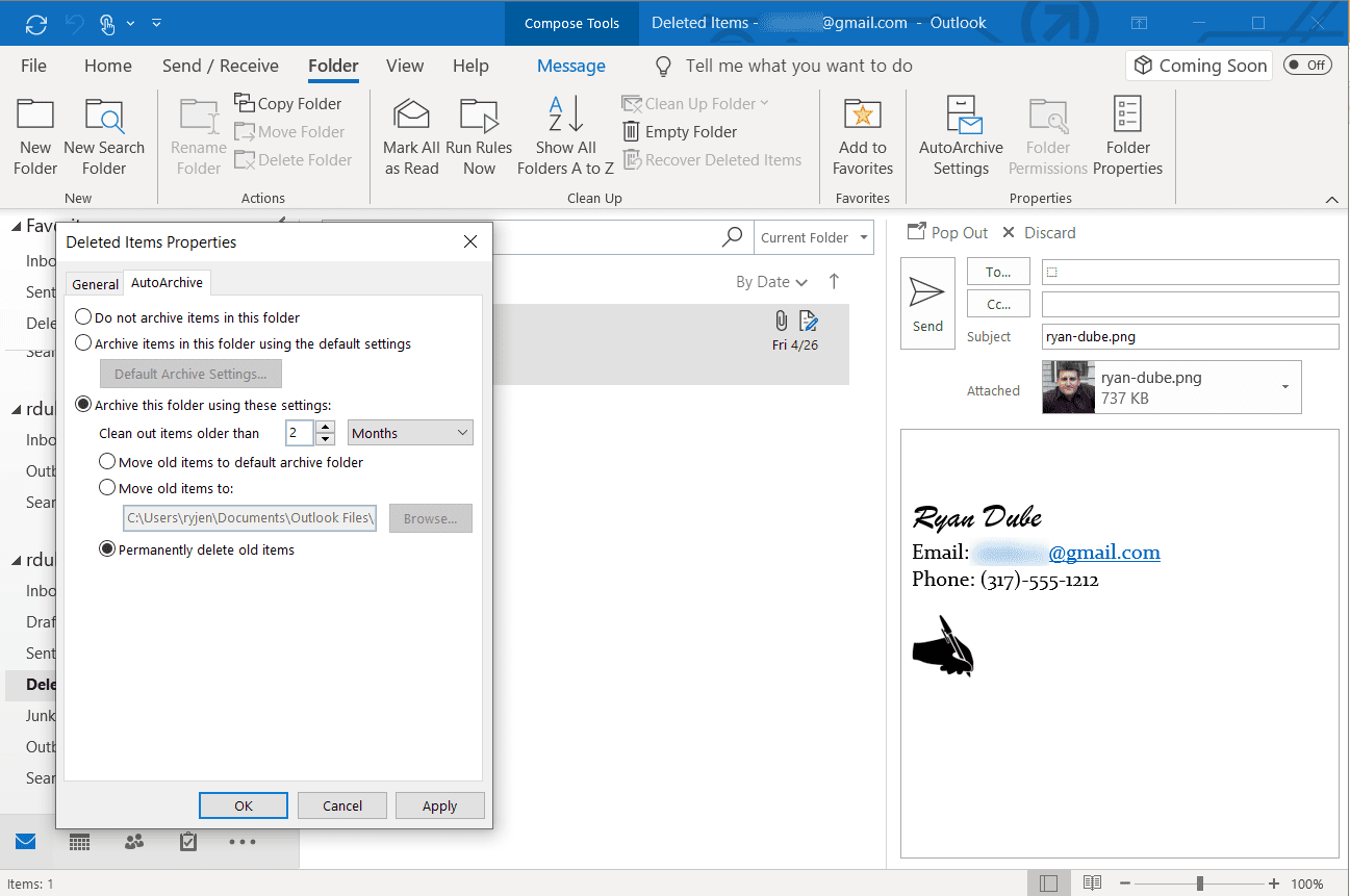 Skärmdump av permanent radering av gamla objekt i Outlook