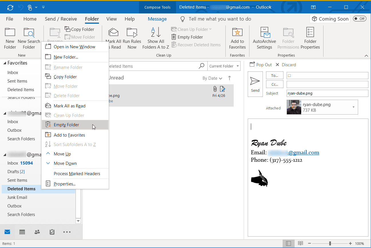 Skärmdump av alternativet Tom mapp i Outlook