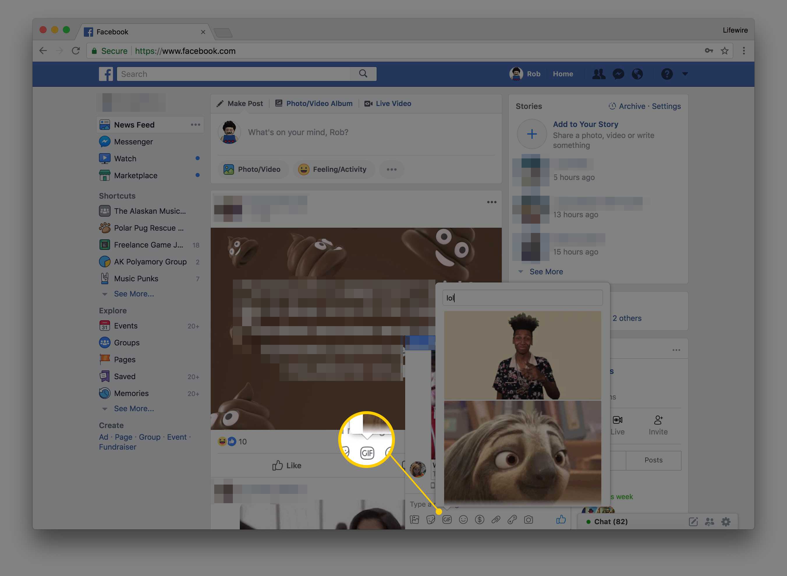 Facebook -gränssnitt för GIF i privata meddelanden