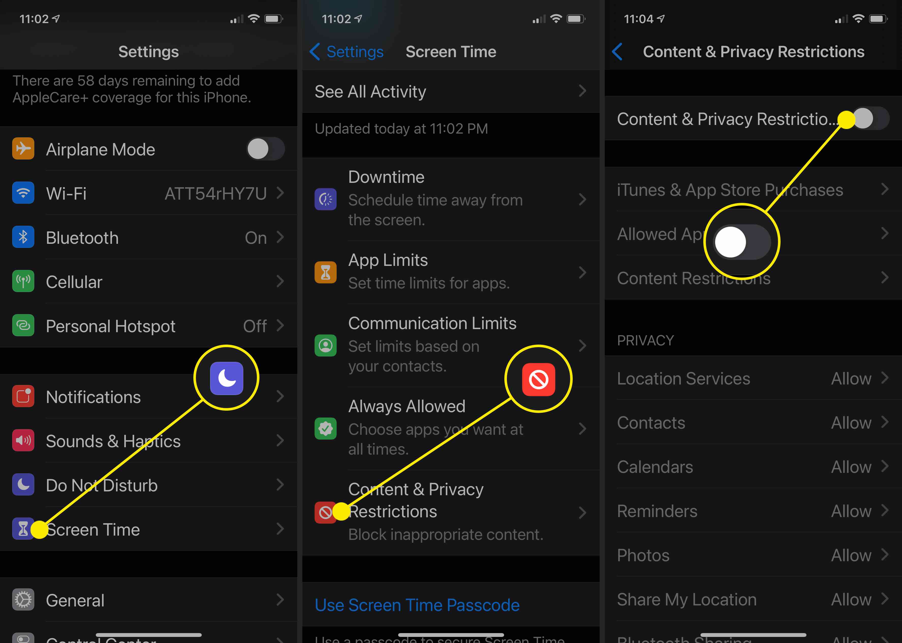 Skärmdumpar som visar hur du aktiverar innehålls- och sekretessbegränsningar för iPhone.