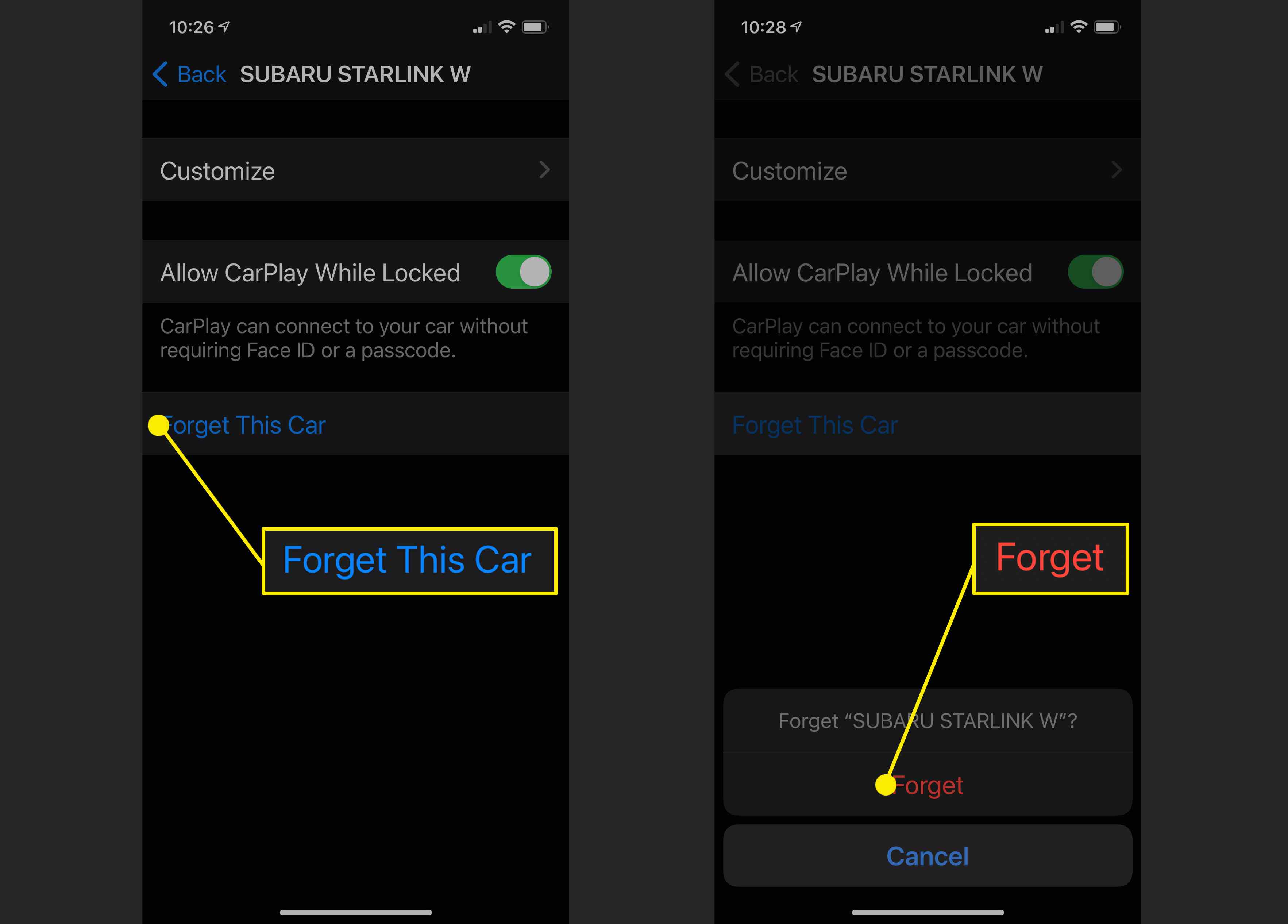 Skärmdumpar av alternativen för att glömma en bil i Apple CarPlay.