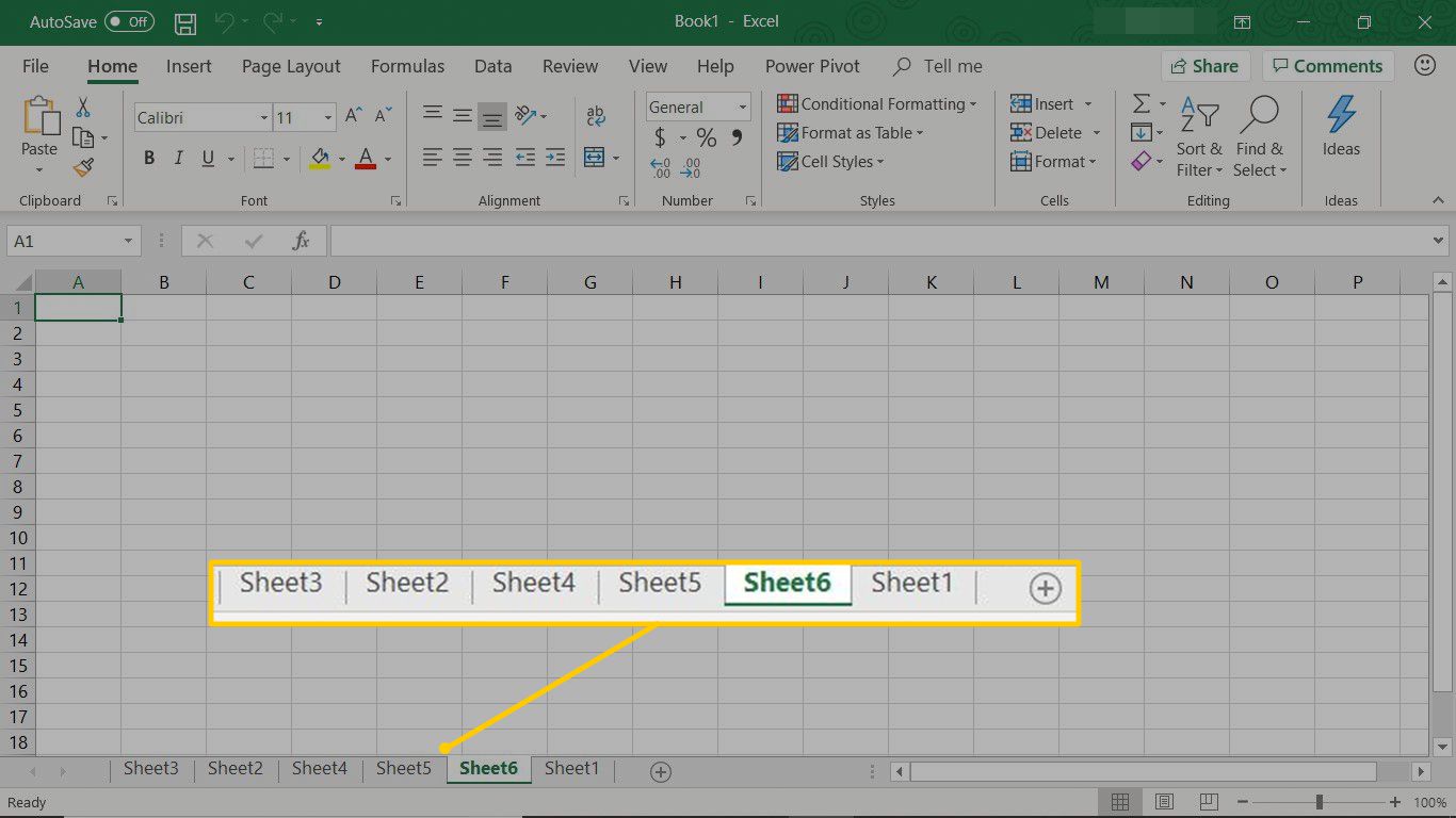 Arknamn och Ny ark (+) -knapp i Excel
