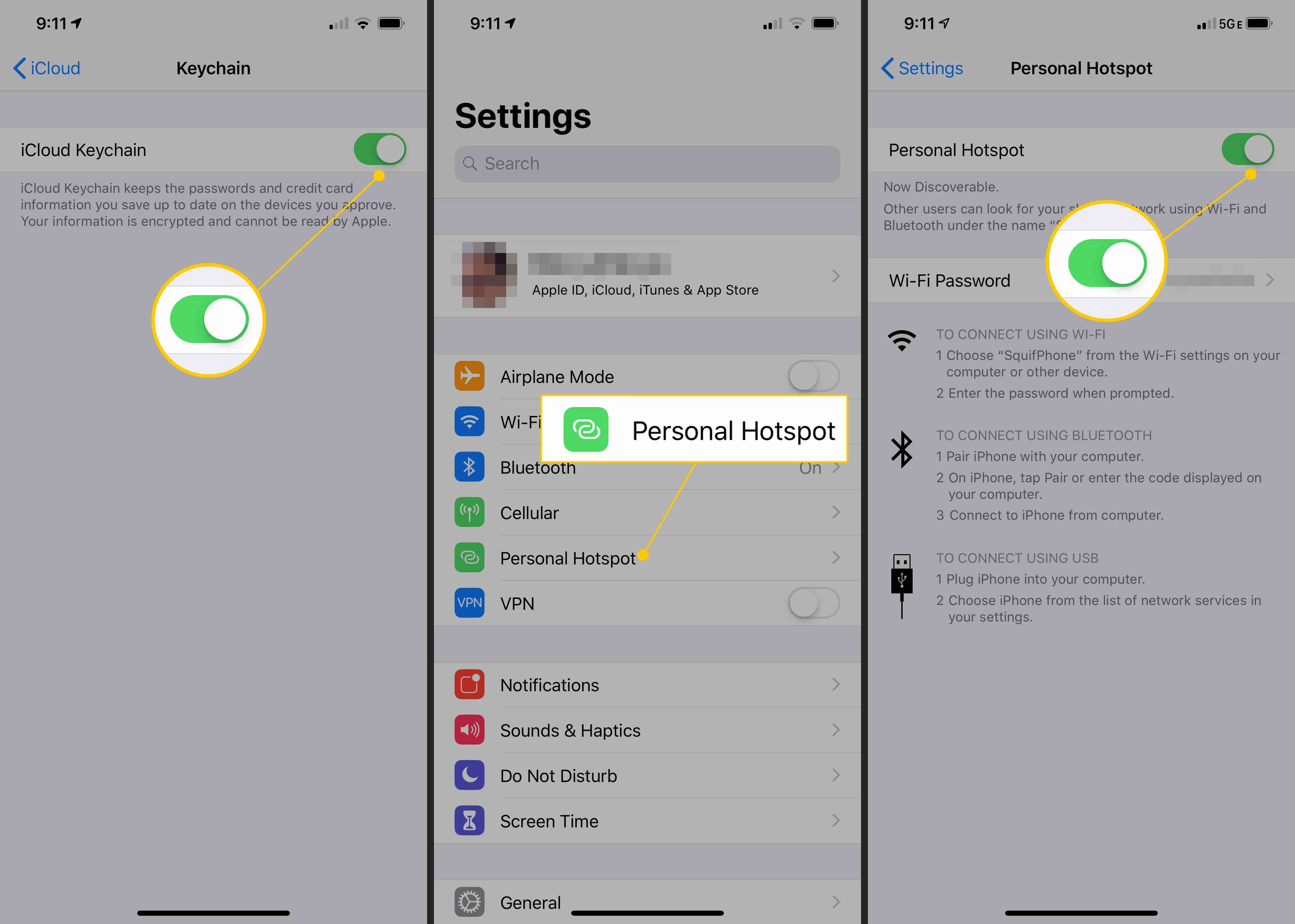 iCloud -nyckelring, personlig hotspot, växla PÅ i iOS -inställningar