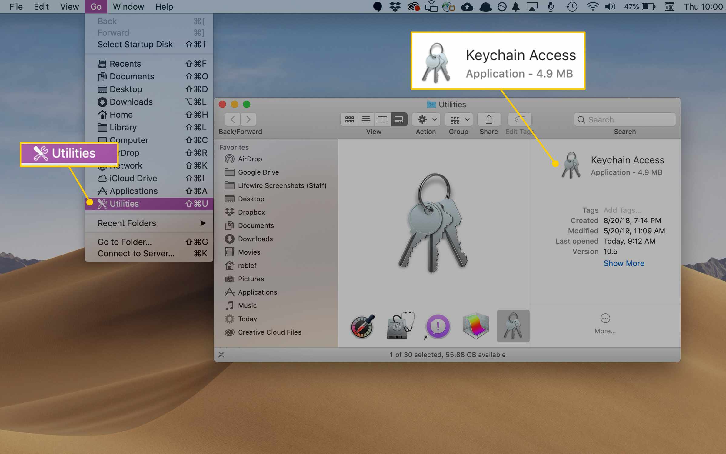 Verktygsmeny och Keychain Access -app i macOS