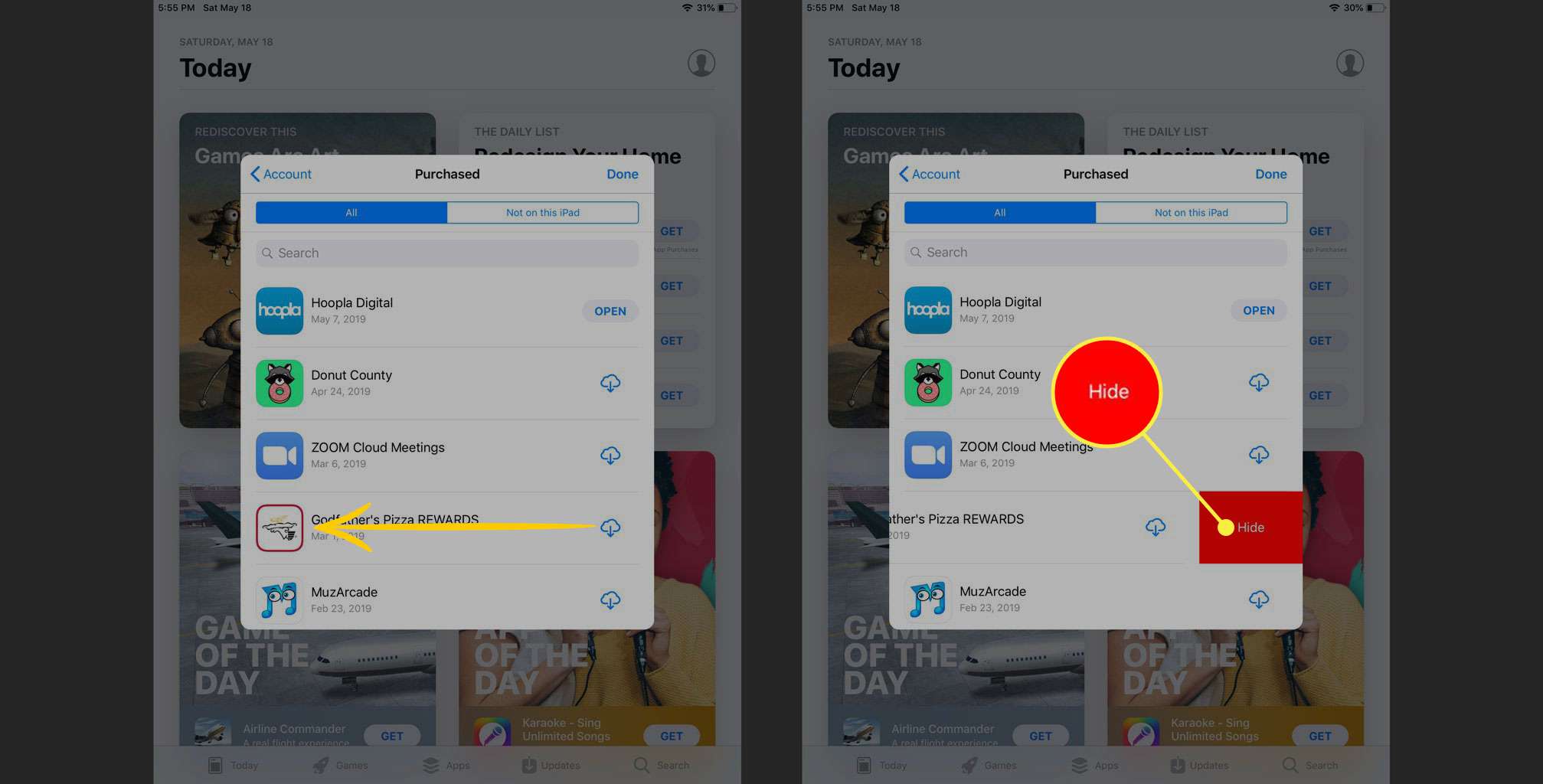 En skärmdump av App Store på iPad med döljknappen markerad