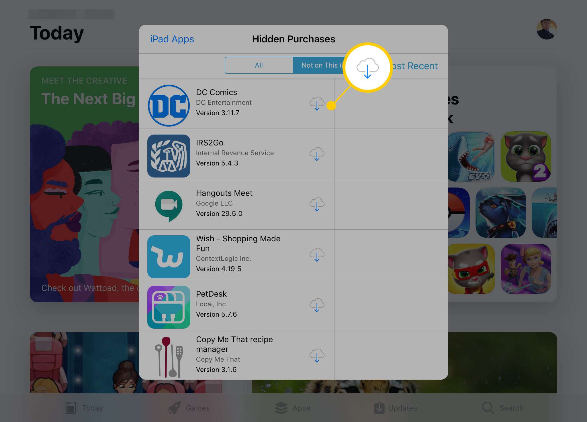 Skärmen för dolda inköp i App Store på iPad