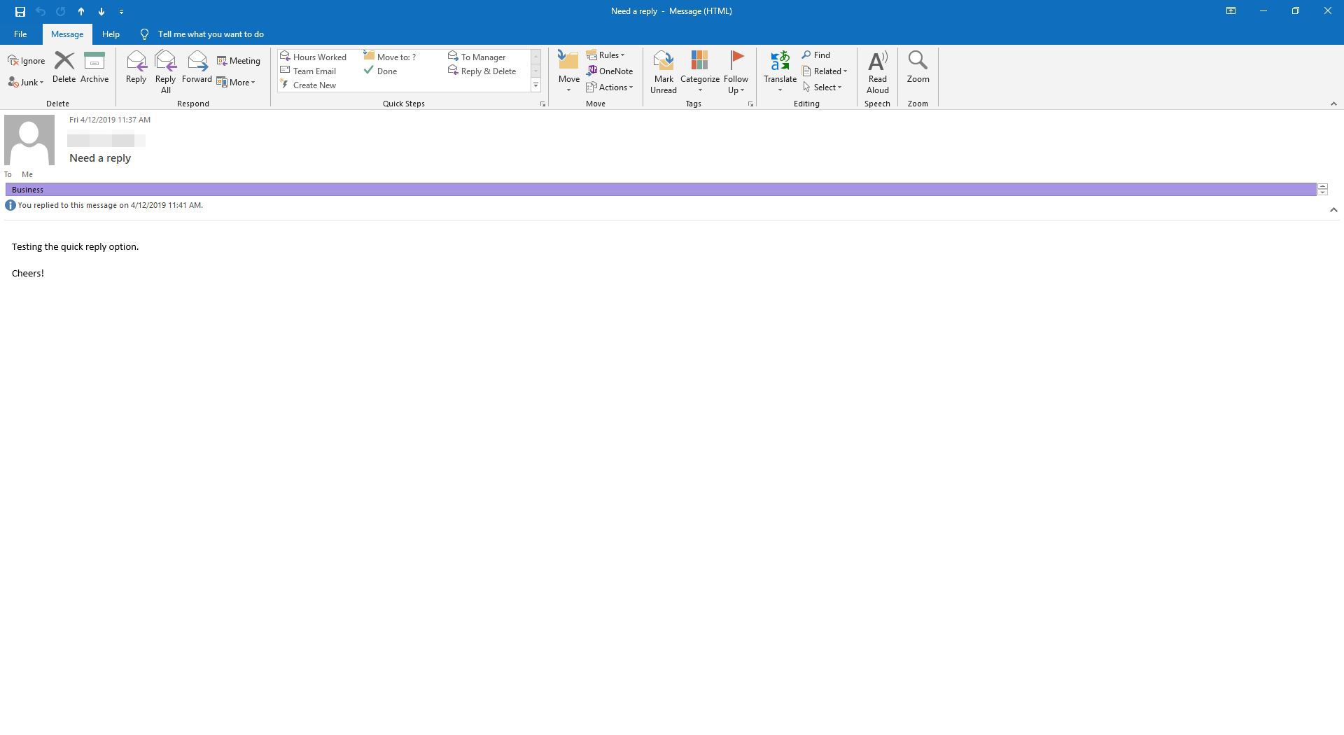 Ett meddelande har skickats via snabba steg i Outlook.