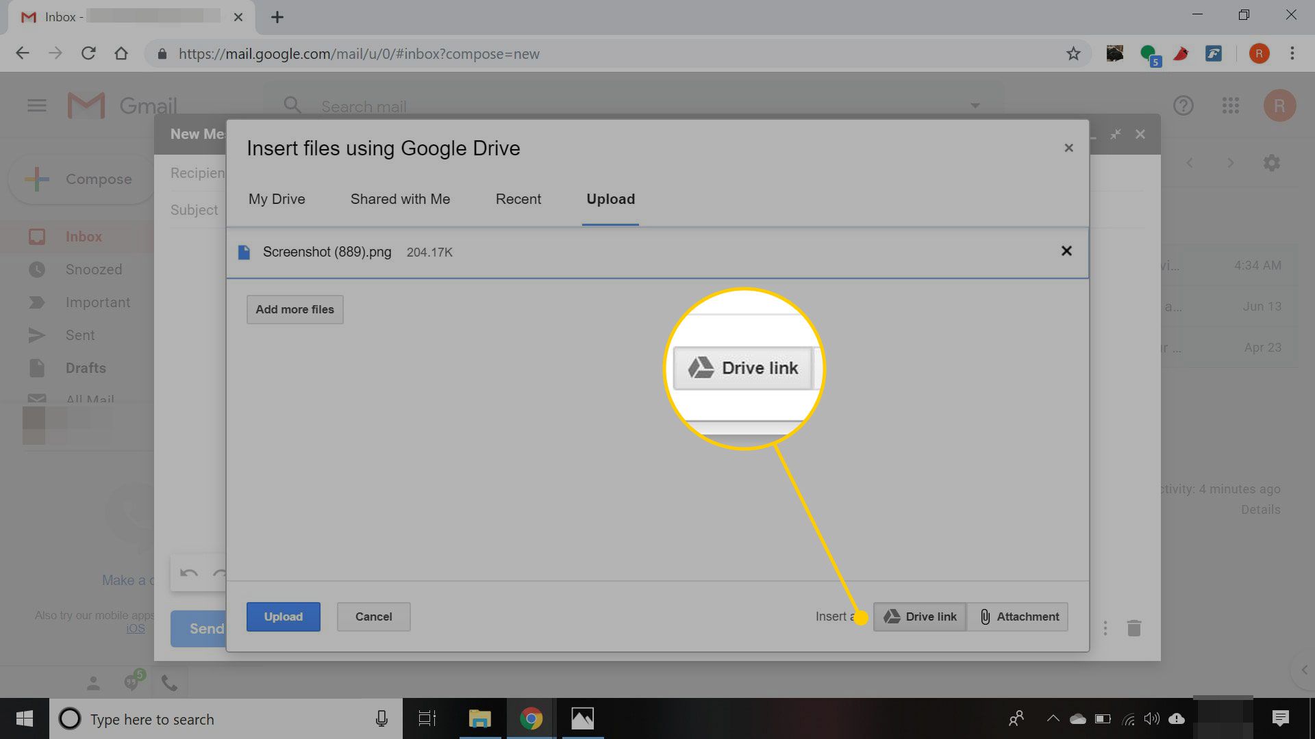 Infoga filfönster i Gmail med knappen Drive Link markerad