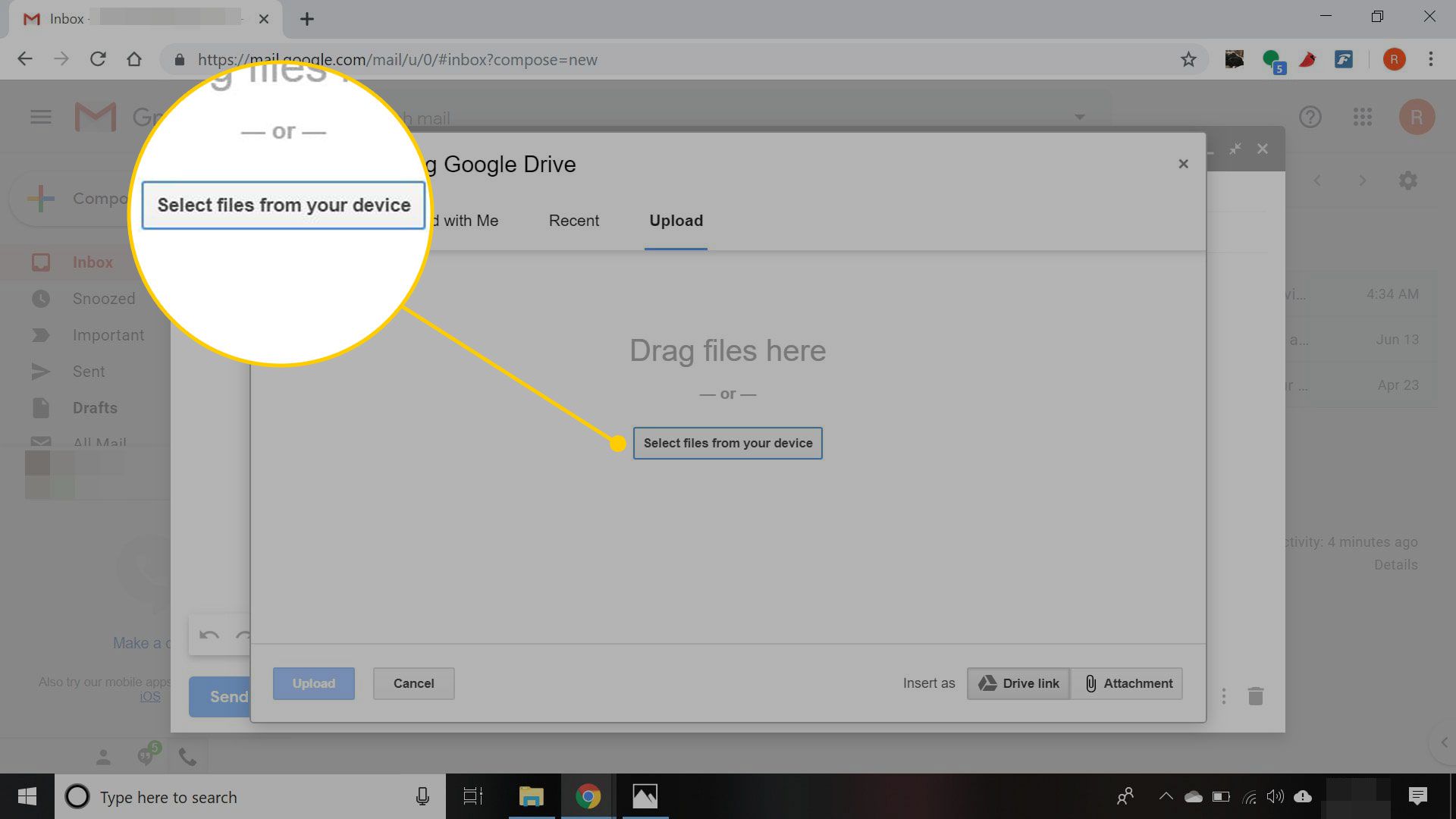 Gmail med knappen "Välj filer från din enhet" markerad