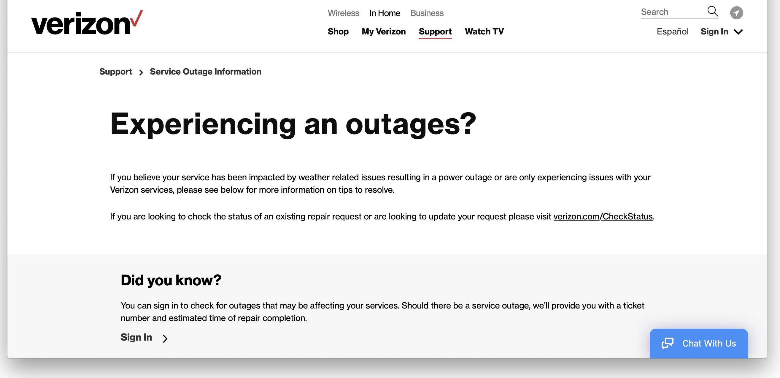 Verizon Service Outage information webbplats