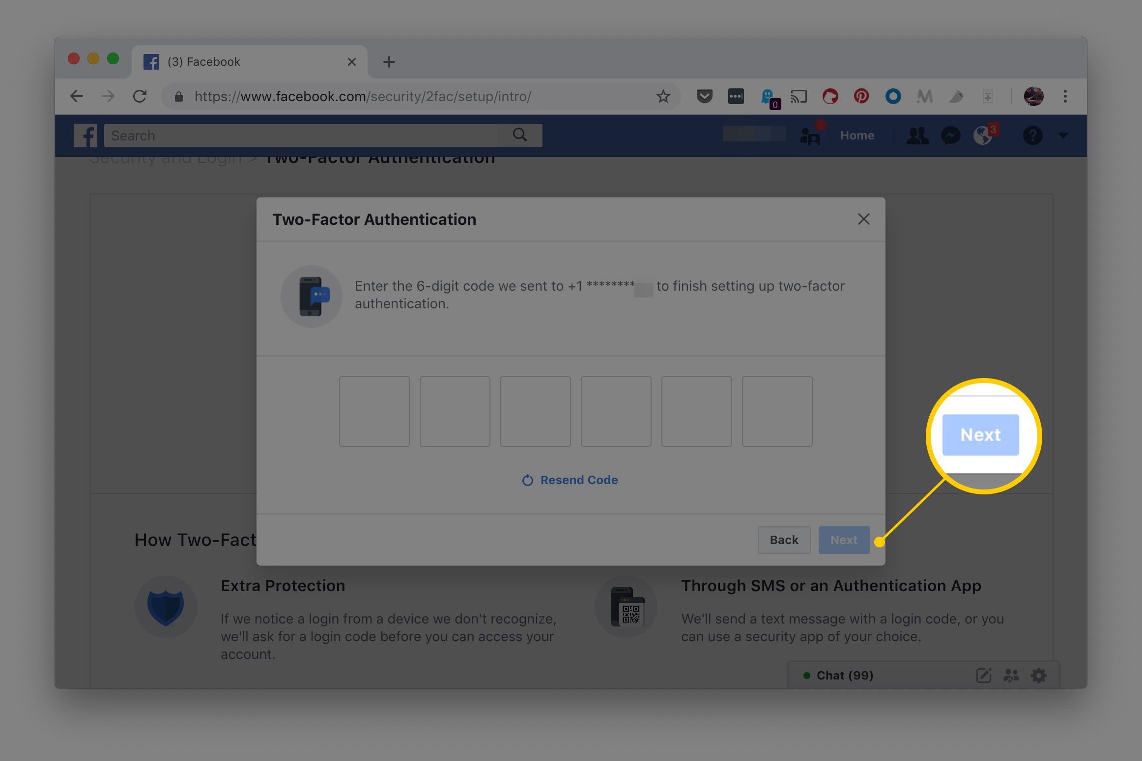 Tvåfaktorsautentisering från Facebook som visar sexsiffriga kodfält och knappen Nästa