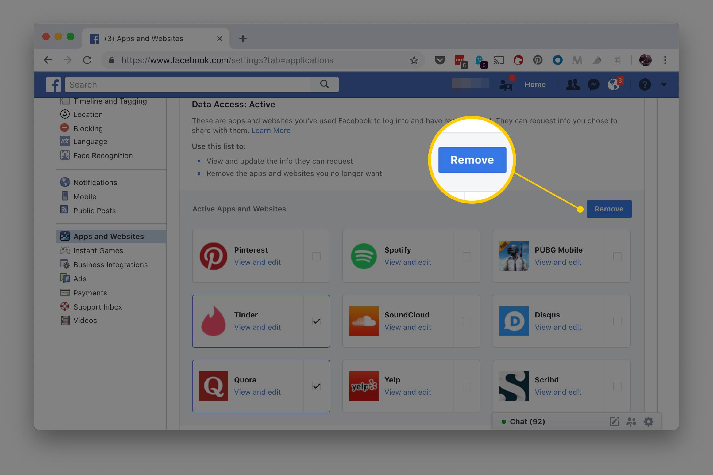 Ta bort -knappen markerad på en skärmdump av inställningar för appar och webbplatser på Facebook