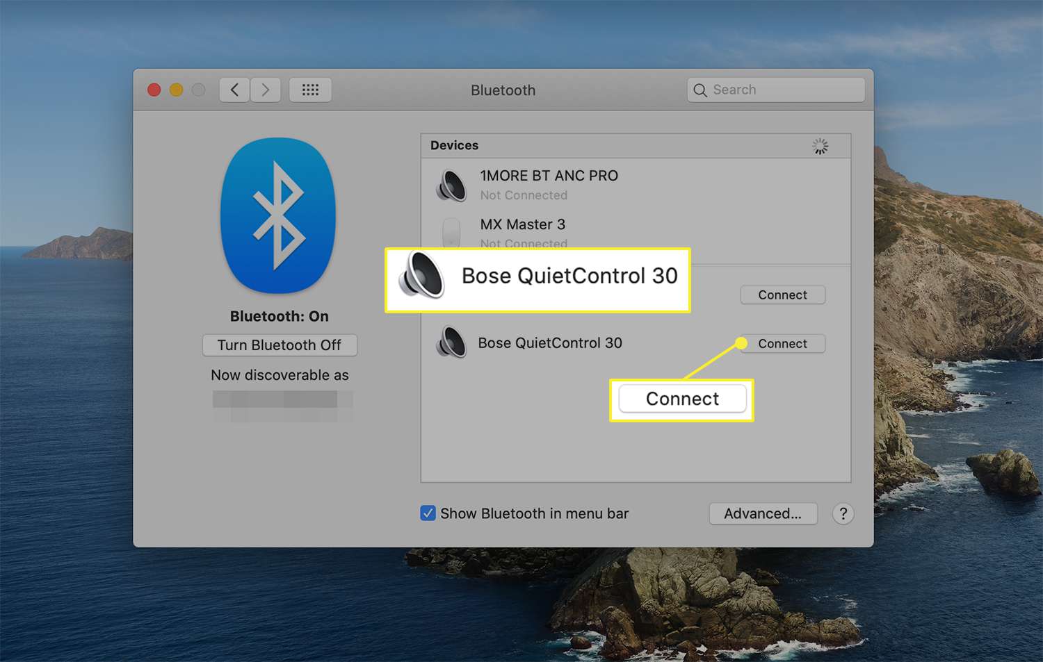 Anslutningsalternativ bredvid en tillgänglig trådlös enhet från macOS Bluetooth -inställningar
