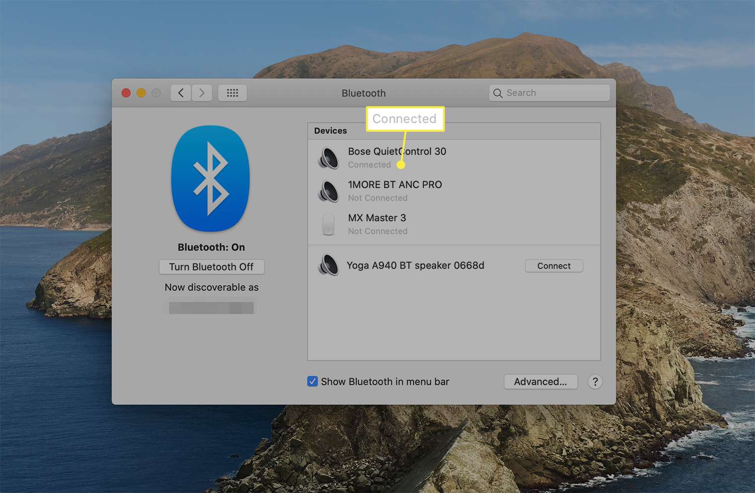 Anslutet meddelande listat nedanför en ansluten Bluetooth -enhet från macOS Bluetooth -inställningar