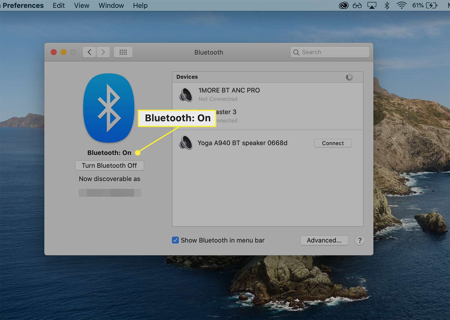 Bluetooth har aktiverats i dialogrutan för Bluetooth -inställningar för macOS