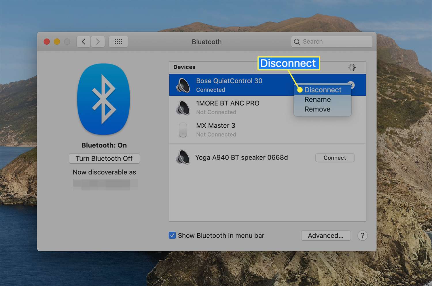 Koppla bort alternativet från en ansluten Bluetooth -enhet på macOS